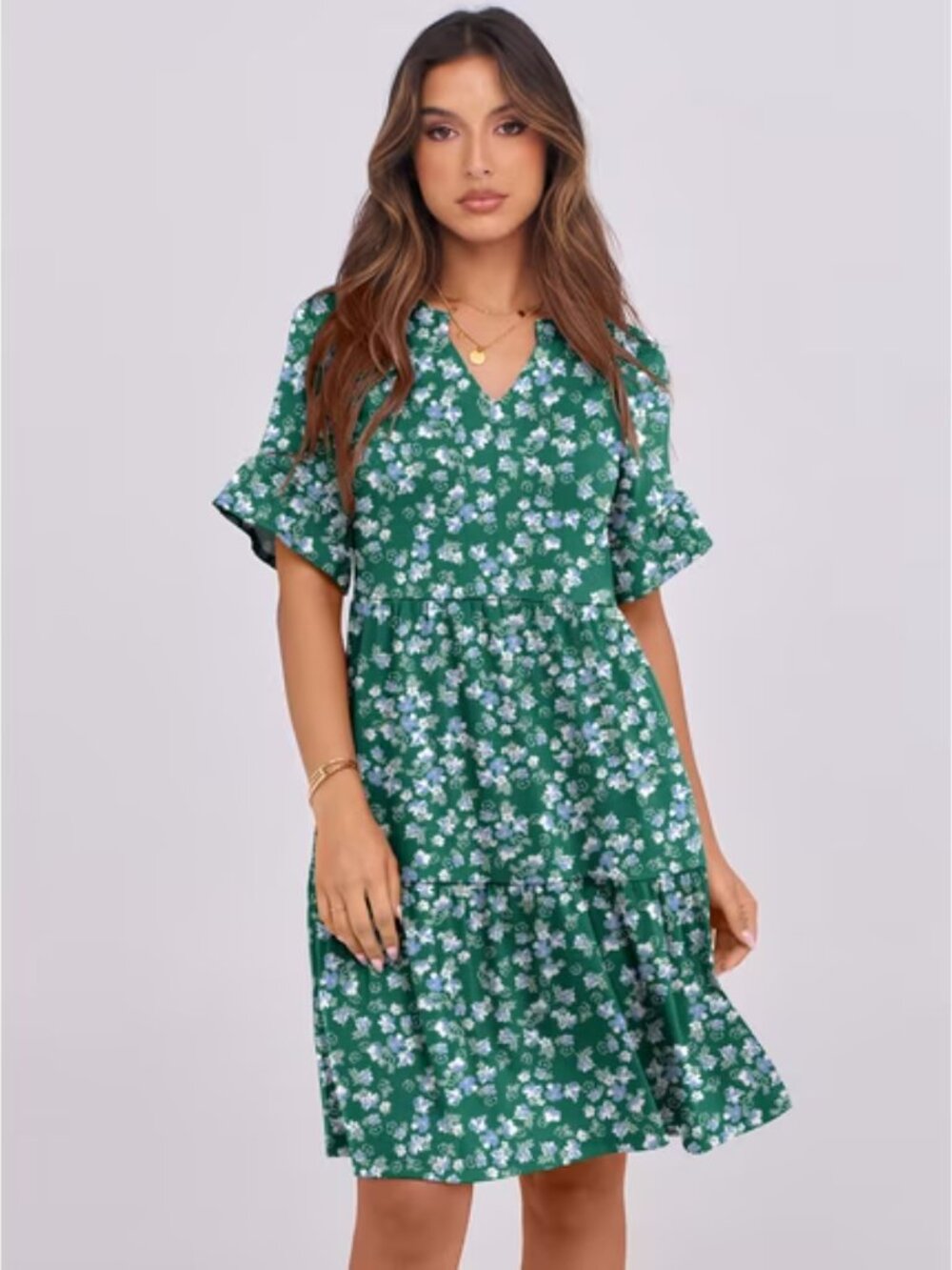 Green Floral V-Neck Mini Dress
